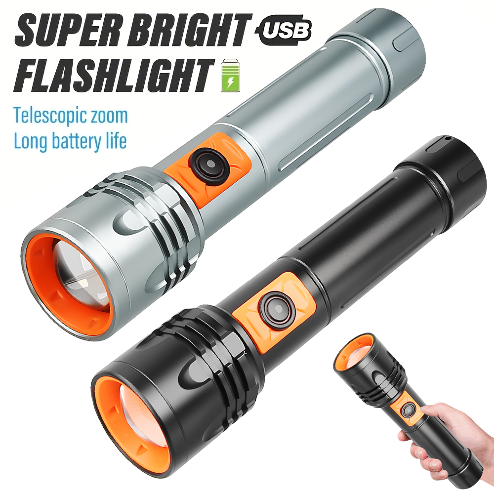 Outdoor Power Lights - ハイパワー LED 懐中電灯 USB 充電式トーチ、伸縮ズーム付き超高輝度戦術ランタン、アウトドアキャンプ、釣り用