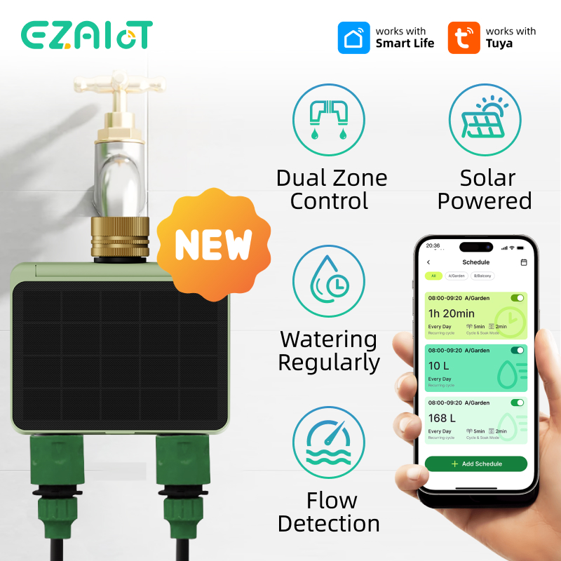 Power Zone Outdoor Timer - スマートスプリンクラーウォータータイマー Tuya Wifi 2ゾーンガーデン灌漑コントローラー ソーラーパワー 屋外自動点滴散水