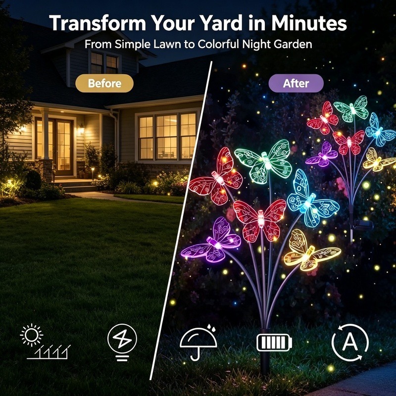 ソーラー式バタフライライト、防水LEDガーデンステークライト - Outdoor Power Lights のレビューと価格